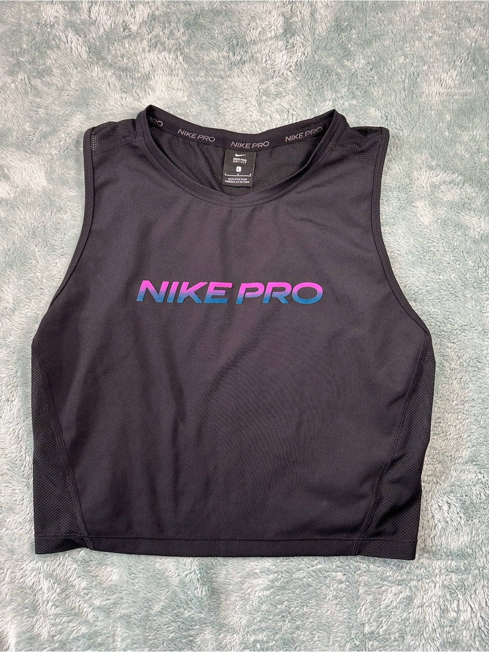 Nike Black Crop Tank with Pink-to-Blue Gradient Logo